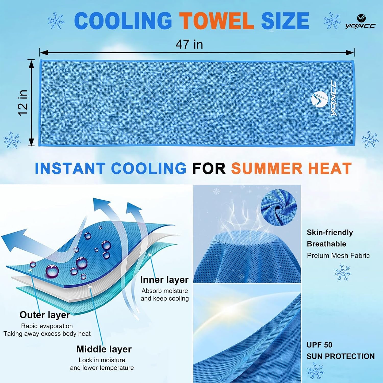 4 Pack Cooling Towels (47"X12"), Ice Cool Neck Towel, Soft Breathable Microfiber for Yoga, Golf, Gym, Running, Camping & Hot Weather