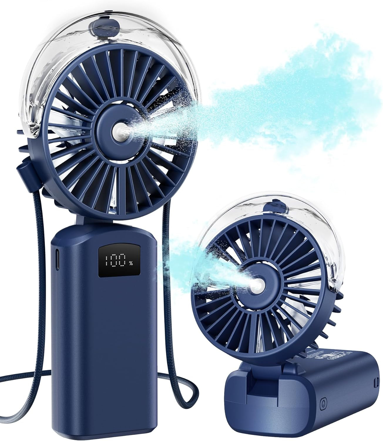 Portable Misting Fan, 180° Foldable Handheld, 3 Speeds USB Rechargeable, Spray Water Mist with LED Digital Display, Personal Cooling Mini Hand Fans for Travel, Concert, Outdoor, Navy Blue