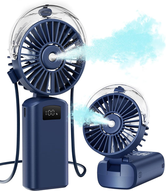Portable Misting Fan, 180° Foldable Handheld, 3 Speeds USB Rechargeable, Spray Water Mist with LED Digital Display, Personal Cooling Mini Hand Fans for Travel, Concert, Outdoor, Navy Blue