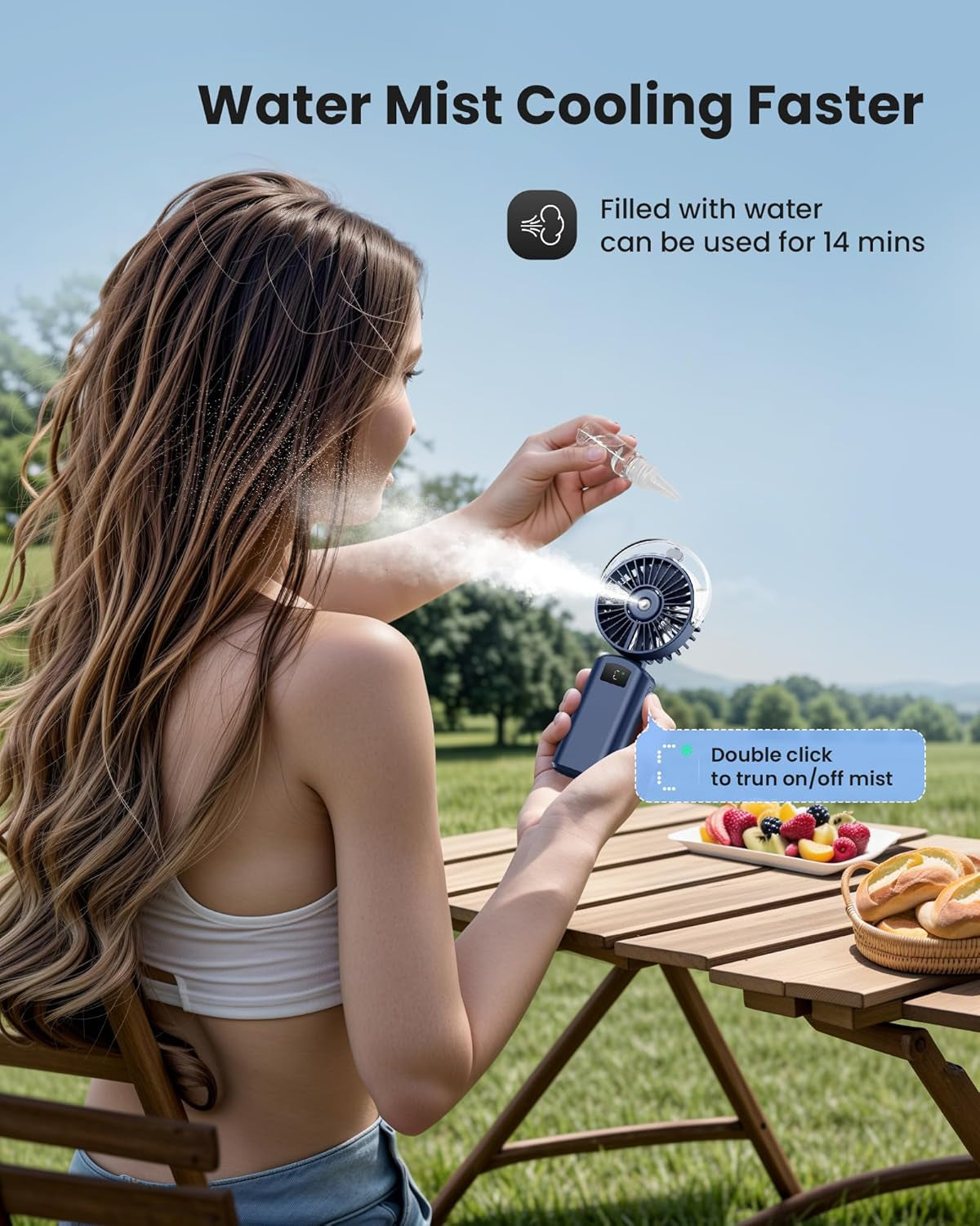 Portable Misting Fan, 180° Foldable Handheld, 3 Speeds USB Rechargeable, Spray Water Mist with LED Digital Display, Personal Cooling Mini Hand Fans for Travel, Concert, Outdoor, Navy Blue